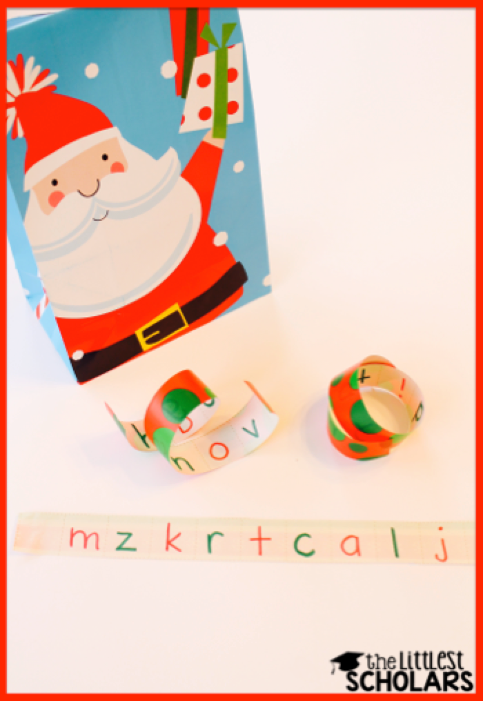 Write letters on several strips of scrap wrapping paper and put them in a cute holiday bag. Students can pull out a strip and say the letter names or letter sounds as quickly as they can. 
