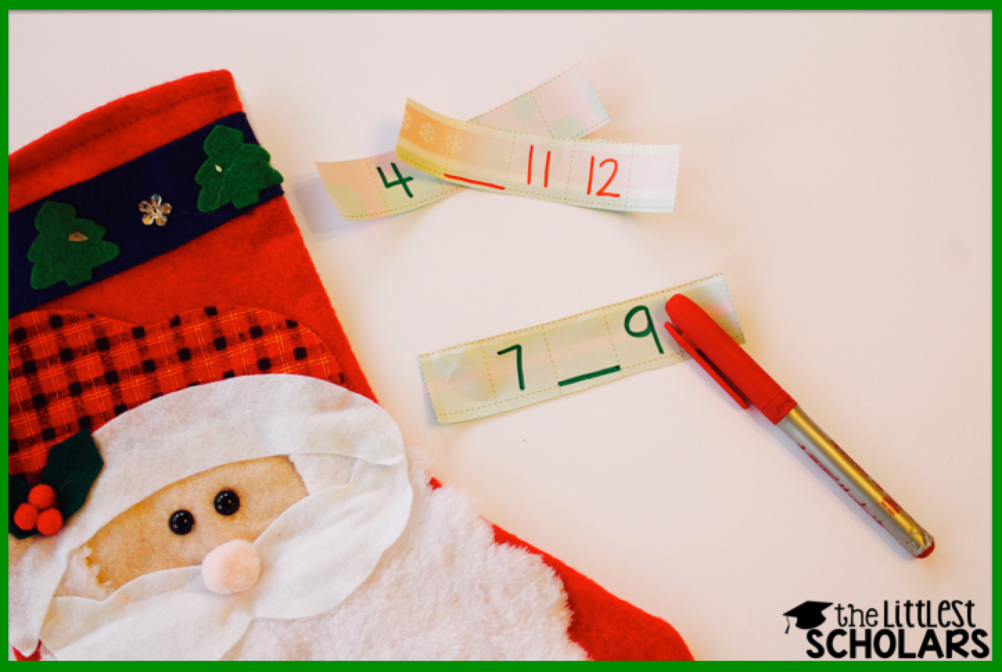 Students pull a wrapping paper strip out of the stocking, says the numbers, identify the number that is missing, and write the series of numbers on the recording sheet. So fun and so little prep!  