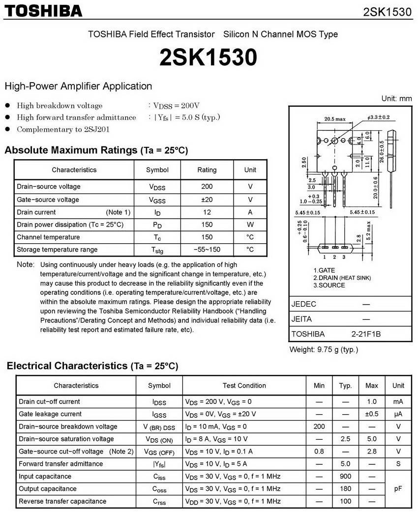2SJ201 2SK1530 TOSHIBA High Power Amplifier MOS-FET,x10 | eBay