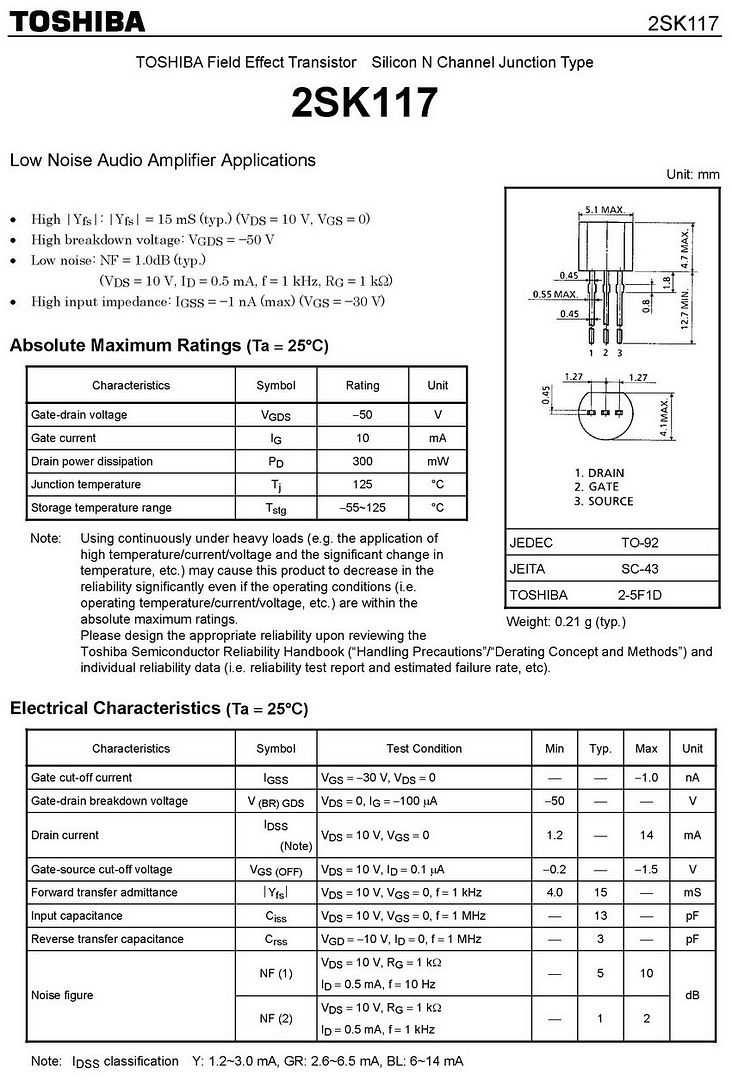 2SK117GR TOSHIBA Low Noise Audio JFET, K117, x20PCS eBay