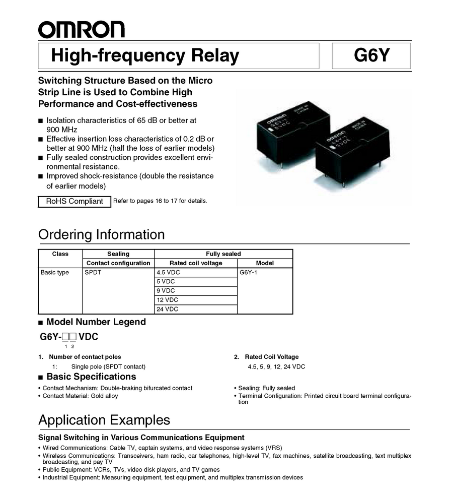 2x Omron Spdt High Frequency Relay G6y