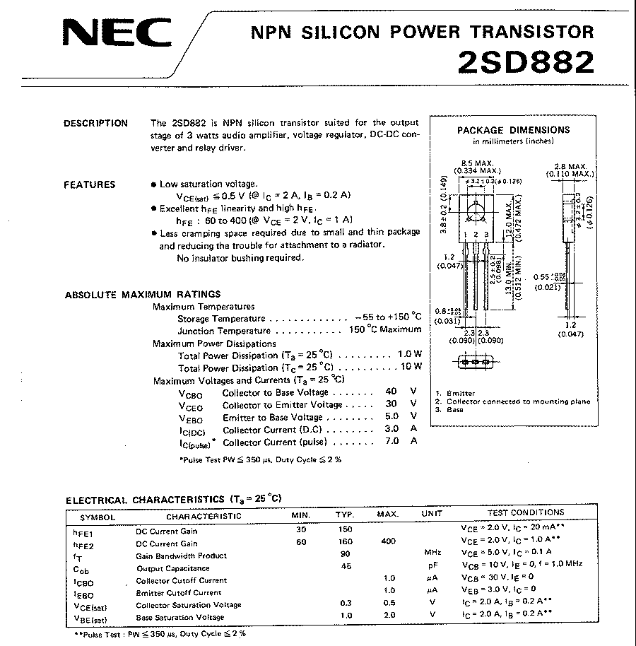 2SD882 Original NEC Transistor, NPN D882, RoHS, x100PCS  