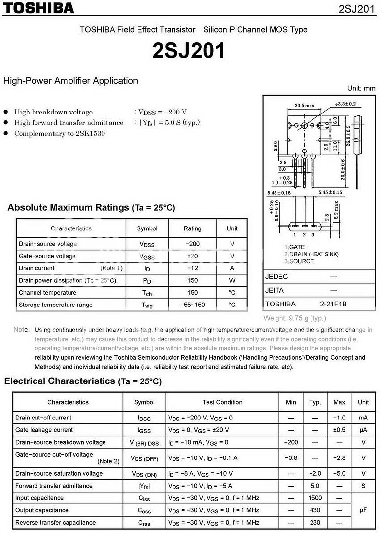 N-Channel Depletion Mode MOSFET Transistors 2SJ201-Y(F) Toshiba
